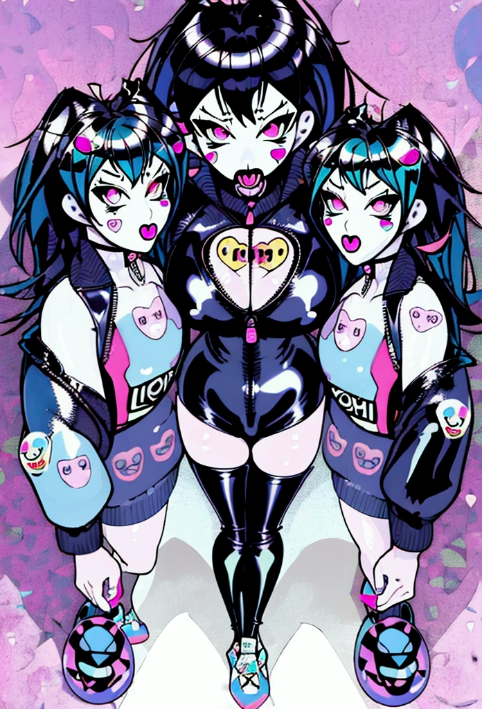Anime beauties ,Cleaning Small Surfaces, (magazine cover:1), ((from above:1.3))、((Eat ice cream)), (Lots of stickers:1.5), 1 cute girl, best quality、ウルトラ - high resolution、high resolution、Detailed CG、8k unit wallpaper、、beautiful eyes, Black straight hair、Patterson Bangs、(((Different types of colorful super shiny latex swimsuits)))、(Shiny body,:1.5)、((gentlemen.々Street Fashion、Oversized zip-up jacket、stocking、Tech sneakers))、Breast Augmentation、Large Breasts,Cleavage,blush, Embarrassed、(Ahegaio:1.5), ((portrait)) information