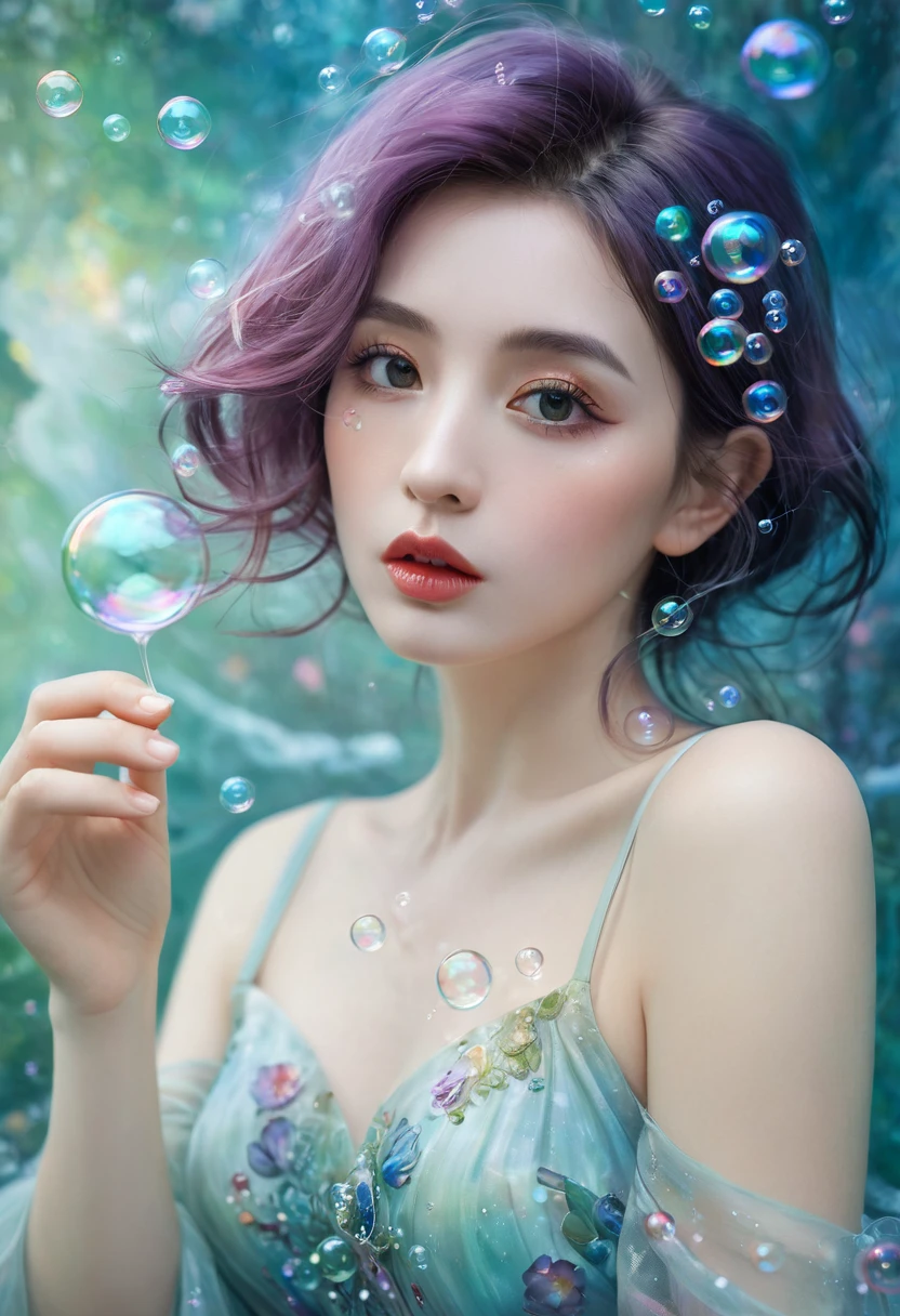 A painting,The painting shows a woman in a dress blowing bubbles, Loish and Wallop, ethereal bubbles, Mobis + Loish + Wallop, Dreamy and detailed, intricate Wallop, closeup fantasy with water magic, fairytale artwork, fairytale painting, Anna Dittmann (Anna Dittmann) style, Wallop art, Realistic fantasy, Artgerm Julie Bell Beeple