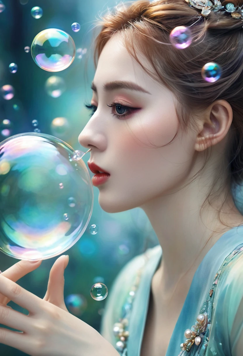 A painting,The painting shows a woman in a dress blowing bubbles, Loish and Wallop, ethereal bubbles, Mobis + Loish + Wallop, Dreamy and detailed, intricate Wallop, closeup fantasy with water magic, fairytale artwork, fairytale painting, Anna Dittmann (Anna Dittmann) style, Wallop art, Realistic fantasy, Artgerm Julie Bell Beeple