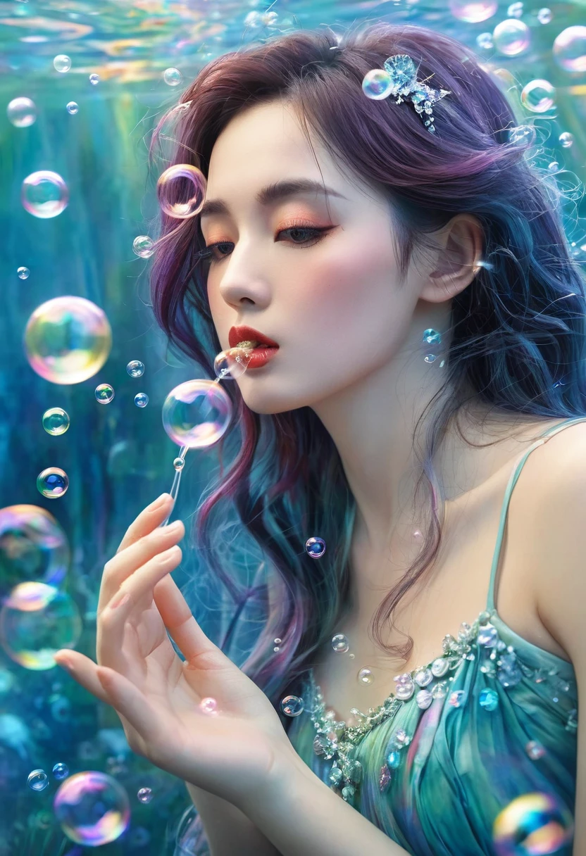 A painting,The painting shows a woman in a dress blowing bubbles, Loish and Wallop, ethereal bubbles, Mobis + Loish + Wallop, Dreamy and detailed, intricate Wallop, closeup fantasy with water magic, fairytale artwork, fairytale painting, Anna Dittmann (Anna Dittmann) style, Wallop art, Realistic fantasy, Artgerm Julie Bell Beeple