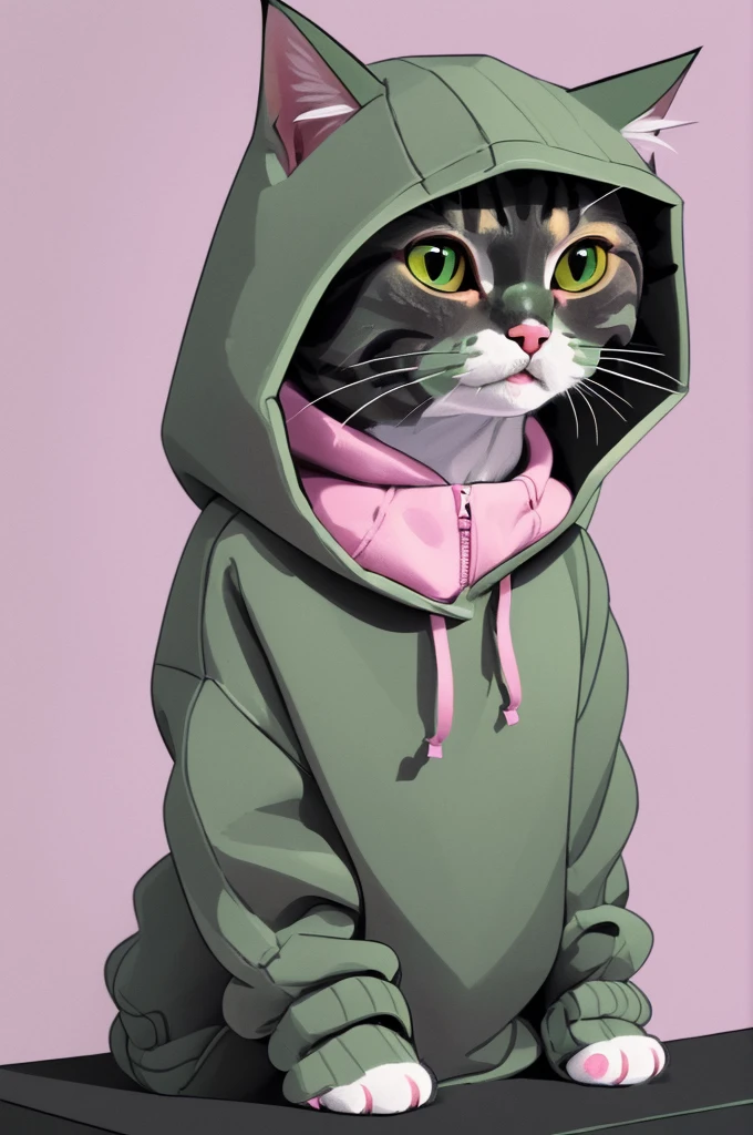 style by gentlecat, cat wearing a hooded sweater, Soft Pink, Sage Green, Charcoal || masterpiece, perfect quality, sharp focus, shallow depth of field, 8k