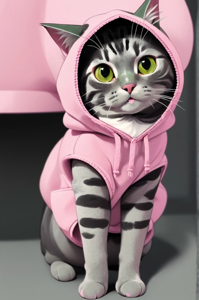 style by gentlecat, cat wearing a hooded sweater, Soft Pink, Sage Green, Charcoal || masterpiece, perfect quality, sharp focus, shallow depth of field, 8k