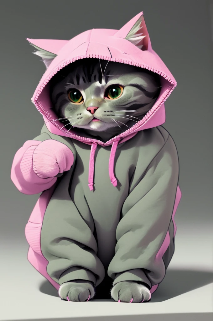 style by gentlecat, cat wearing a hooded sweater, Soft Pink, Sage Green, Charcoal || masterpiece, perfect quality, sharp focus, shallow depth of field, 8k