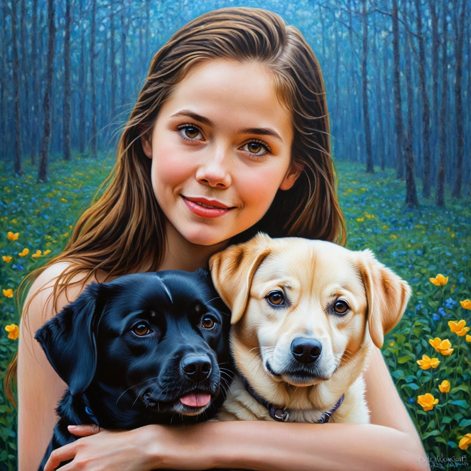 by Victor Nizovtsev and Becky Cloonan styled by Phuoc Hoai Nguyen and Mark Keathley and Jasmine Becket-Griffith, cute 18 year old woman walking with her 2 dogs, digital oil pastels on canvas of a cinematic photo