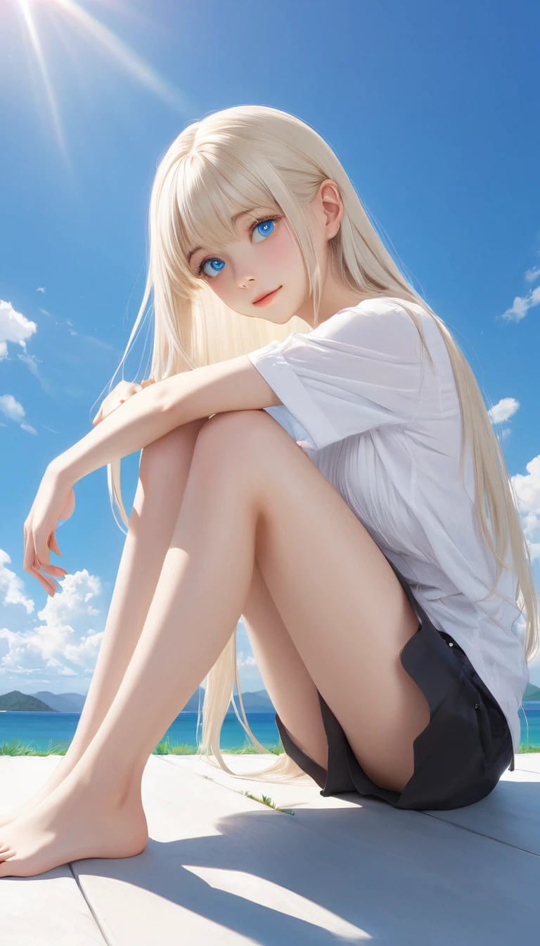 (masterpiece, Highest quality:1.2), One girl, alone,bony body、15 years old、Shiny platinum blonde silk super long straight hair, beautiful shiny bangs, big clear sky blue eyes, very beautiful bright eye highlightaster piece , best quality ,master piece , best quality ,master piece , best quality , (matured female) , sitting , (hug legs) ,