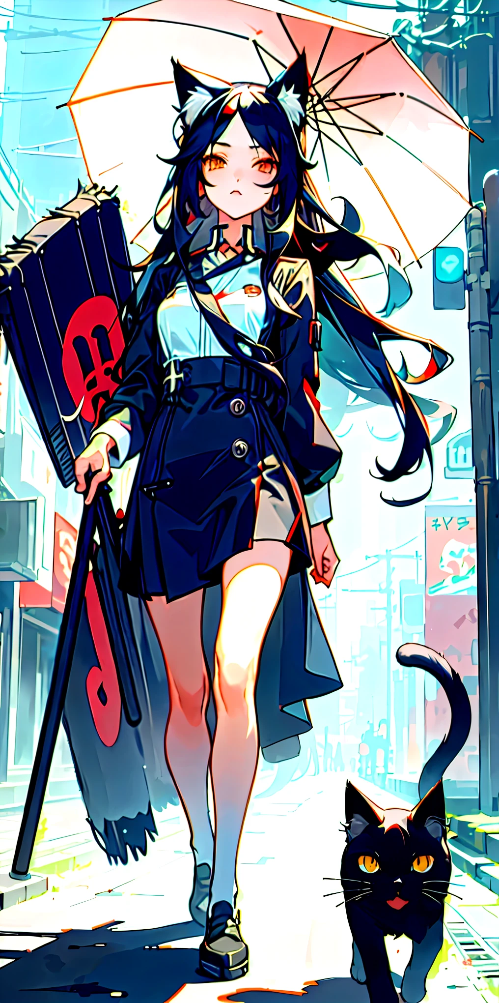 (masterpiece, best quality) a closeup of 1girl with long black hair, two cat tails, cat ears with fluff, walking on a cyberpunk city street, holding umbrella, maid uniform
