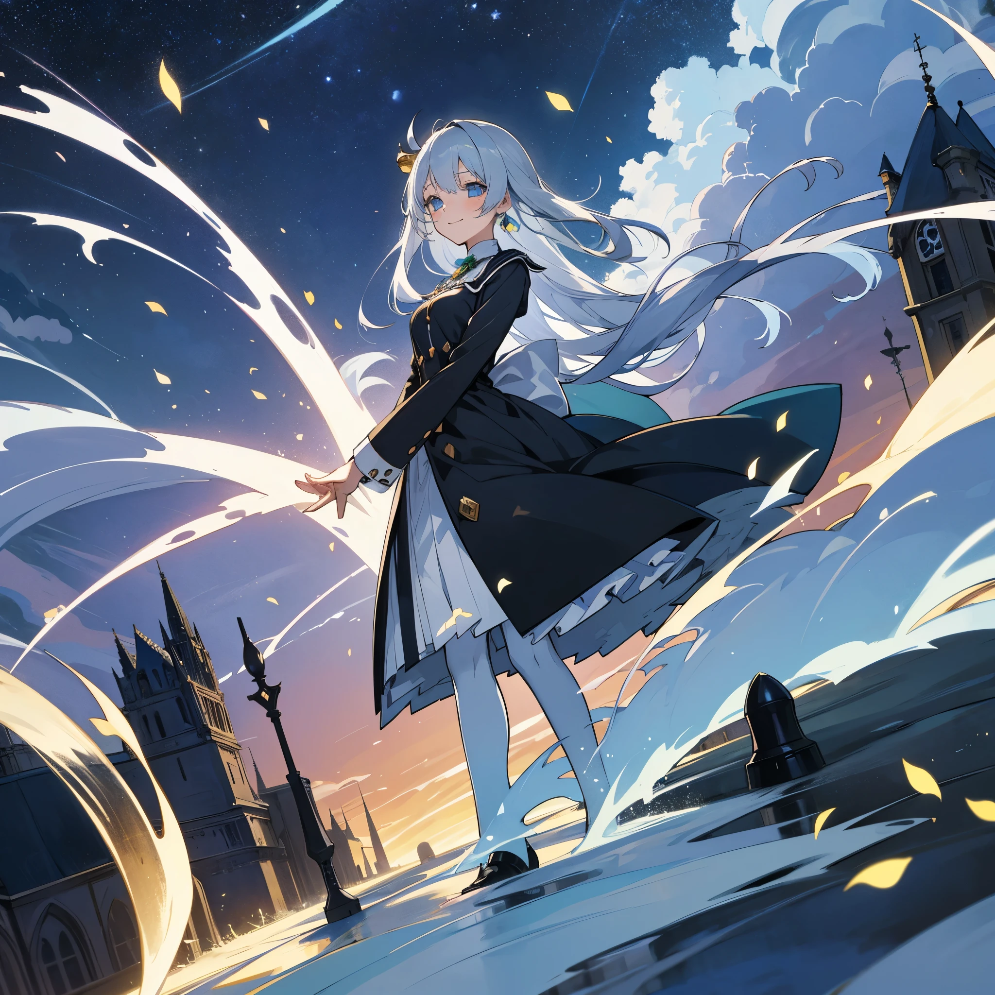 kawaii, anime, Cute, hyper quality, highly detailed, 16k, Front facing, Clarity, full body, smile, one girl, university student, long silver hair, lapis lazuli eyes, bell accessories, butler uniform, black butler uniform, walk through medieval streets, fantasy world, starry skies, light drifts, ornaments, noble, The hill where the bell rings, hill overlooking the town, petals dance, bell, light drifts, bell, lush greenery, Inciting point of view, offer a prayer, Only one character appears, moonlight, posture with movement,