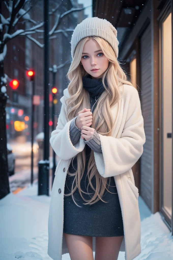 professional photography of a beautiful norwegian girl in winter clothes with long wavy blonde hair, sensual and seductive look, beautiful symmetrical face, beautiful natural makeup, wearing chic warm winter fashion clothing, ((standing outside on the snowy city street)), impressive modern urban environment, ultra realistic, conceptual artwork, chic, highy detailed, intricate, sharp focus, Depth of field, f/1. 8, 85 mm, medium shot, mid shot, (((professional color grading))), soft and bright diffused light, (Volumetric fog), Trends on Instagram, HD 4k, 8K
