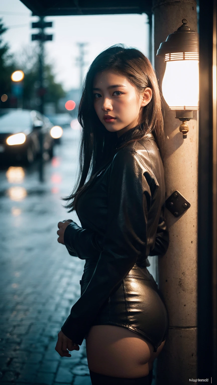 1girl,solo,long hair,rough skin,(viewing viewer:1.2),wet hair,micro_shorts,pantyhose,dark,polaroid,(depth_field:1.5),rainy day,outdoors,street,hair between eyes,gloomy lighting  ,Tyndall effect,Cinematic Lighting,night,lamp post,lens flare,available lights,rim lights,lit neon lights,curved,chinese style,