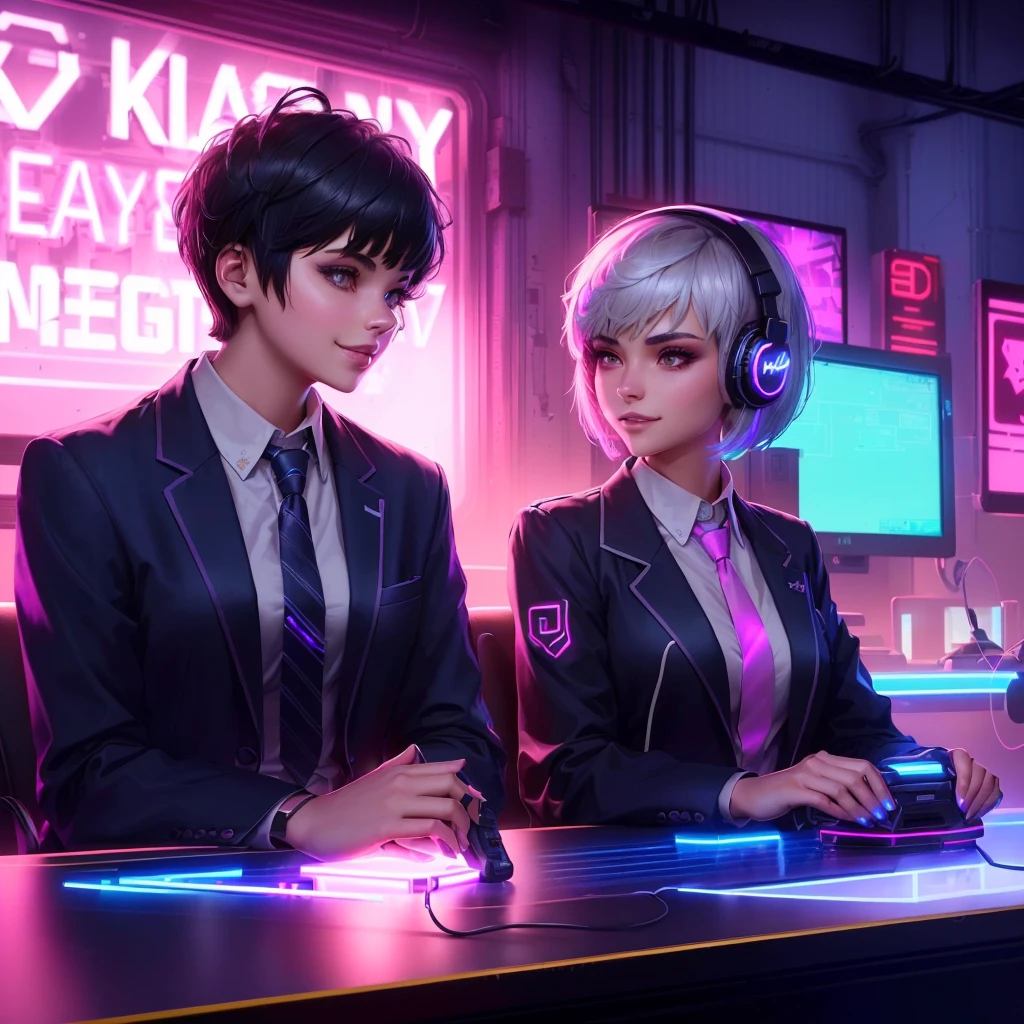 A Full body Portrait of a girl with short grey pixie cut hair, both in school uniforms with blazers and ties, girl is smirking, sitting on inside of a neon-lit computer gaming cafe, wearing gaming headphone, neon game controllers highlighted. Intricate, dynamic, wide-angle, HDR, Artstation.