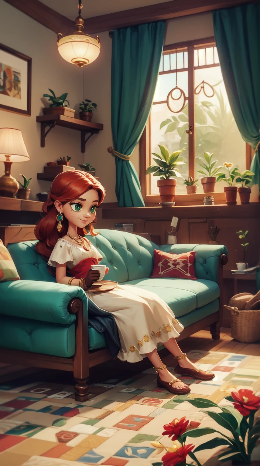 Concept Art,character illustration of a,European and American cartoons,(whole body:1.5),Mid-Long View,carpet,(Looking at the camera),shoe,一个20岁的金发女生悠闲的sit在living room,Holding a cup of coffee,A laid-back expression,Relax,Leisure,European and American cartoons,1 Girl,freckle,Solitary,Jewelry,Green Eyes,Weaving,earrings,twin Weavings,necklace,Looking at the audience,Red hair,plant,Puff sleeves,bracelet,Smile,Long hair,puffy short sleeve,Necklace,dress,flower,Coffee cup,Gloves,earrings,Jewelry,肘部Gloves,cup,sit,sofa,window,sofa,living room,solo,Looking at the camera,Look at the audience,