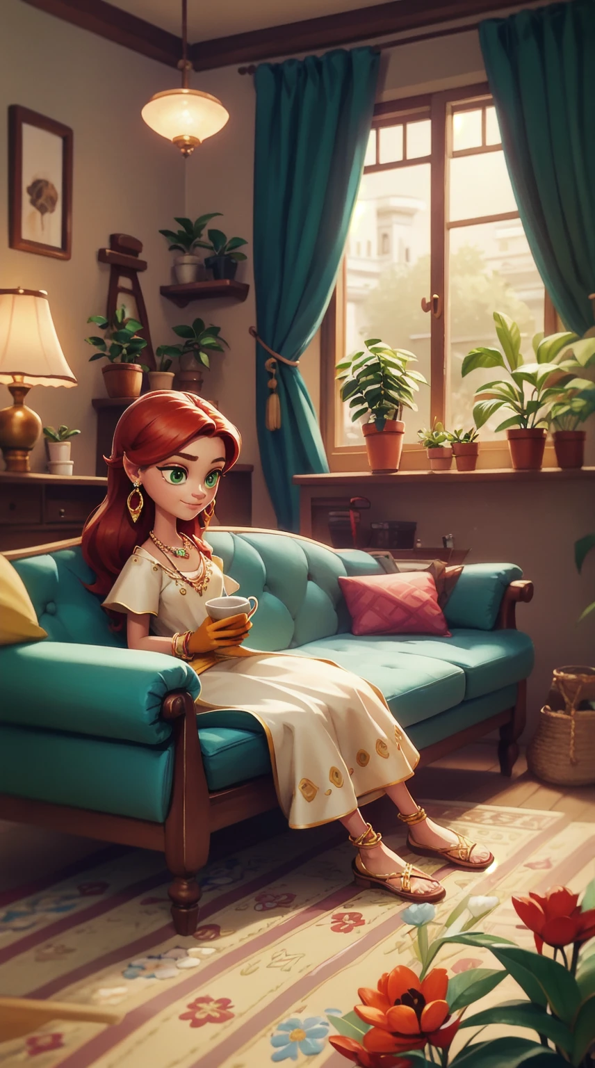Concept Art,character illustration of a,European and American cartoons,(whole body:1.5),Mid-Long View,carpet,(Looking at the camera),shoe,一个20岁的金发女生悠闲的sit在living room,Holding a cup of coffee,A laid-back expression,Relax,Leisure,European and American cartoons,1 Girl,freckle,Solitary,Jewelry,Green Eyes,Weaving,earrings,twin Weavings,necklace,Looking at the audience,Red hair,plant,Puff sleeves,bracelet,Smile,Long hair,puffy short sleeve,Necklace,dress,flower,Coffee cup,Gloves,earrings,Jewelry,肘部Gloves,cup,sit,sofa,window,sofa,living room,solo,Looking at the camera,Look at the audience,