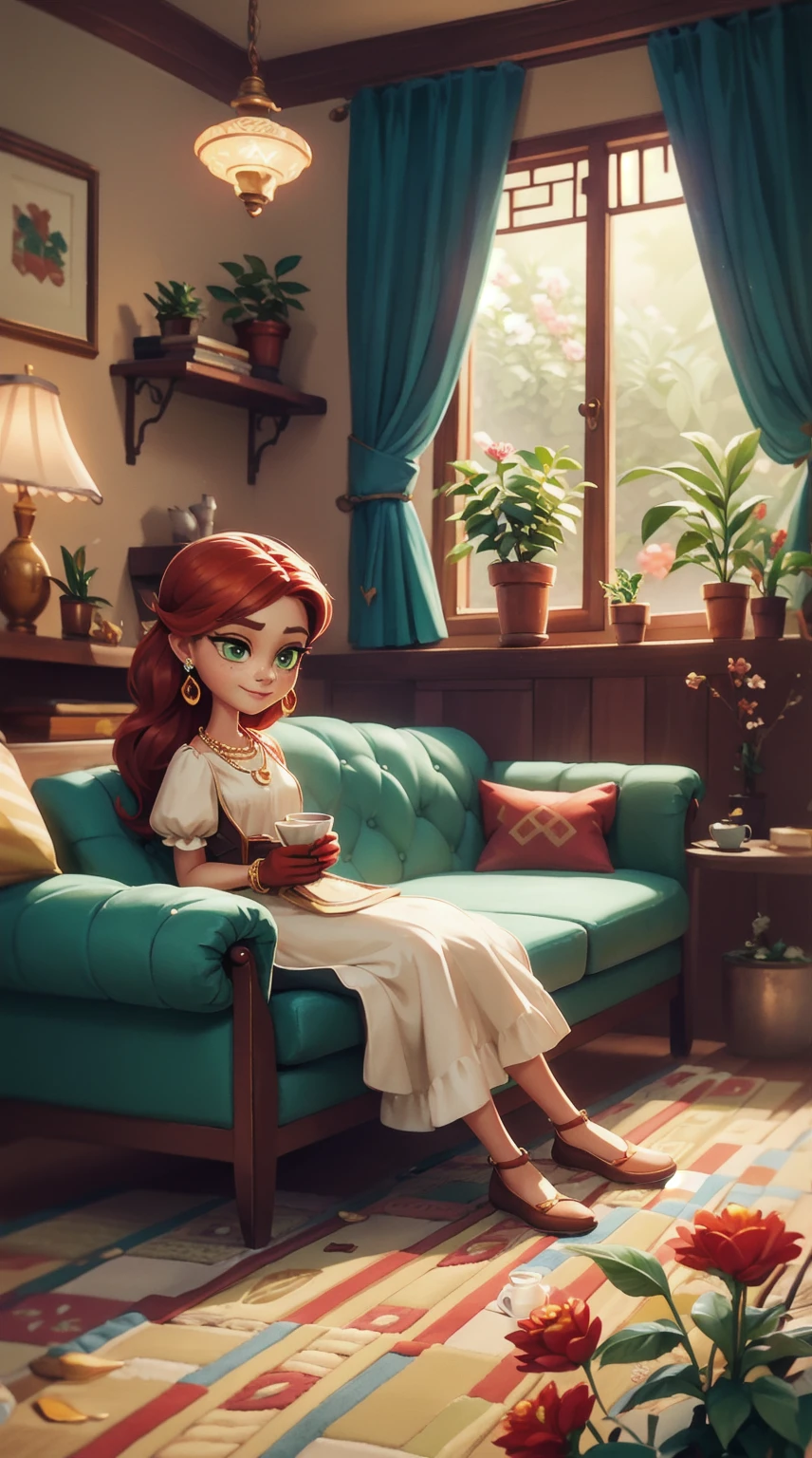 Concept Art,character illustration of a,European and American cartoons,（whole body：1.5），Mid-Long View，carpet，（Looking at the camera），shoe，一个20岁的金发女生悠闲的sit在living room，Holding a cup of coffee，A laid-back expression，Relax，Leisure，European and American cartoons，1 Girl,freckle,Solitary,Jewelry,Green Eyes,Weaving,earrings,twin Weavings,necklace,Looking at the audience,Red hair,plant,Puff sleeves,bracelet,Smile,Long hair,puffy short sleeve,Necklace,dress,flower,Coffee cup,Gloves,earrings,Jewelry,肘部Gloves,cup,sit,sofa,window,sofa，living room，solo,Looking at the camera，Look at the audience，