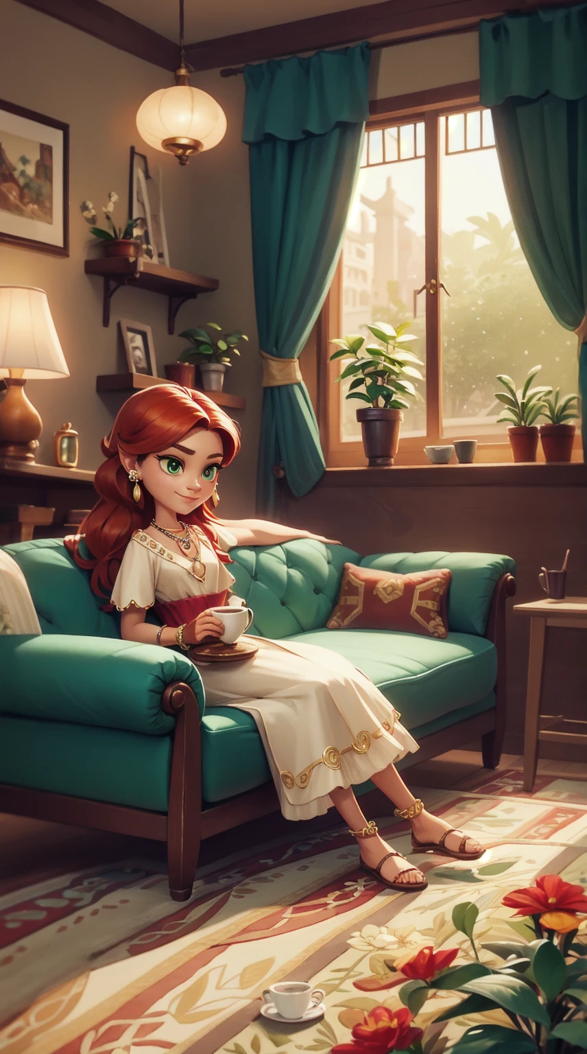 Concept Art,character illustration of a,European and American cartoons,(whole body:1.5),Mid-Long View,carpet,(Looking at the camera),shoe,一个20岁的金发女生悠闲的sit在living room,Holding a cup of coffee,A laid-back expression,Relax,Leisure,European and American cartoons,1 Girl,freckle,Solitary,Jewelry,Green Eyes,Weaving,earrings,twin Weavings,necklace,Looking at the audience,Red hair,plant,Puff sleeves,bracelet,Smile,Long hair,puffy short sleeve,Necklace,dress,flower,Coffee cup,Gloves,earrings,Jewelry,肘部Gloves,cup,sit,sofa,window,sofa,living room,solo,Looking at the camera,Look at the audience,