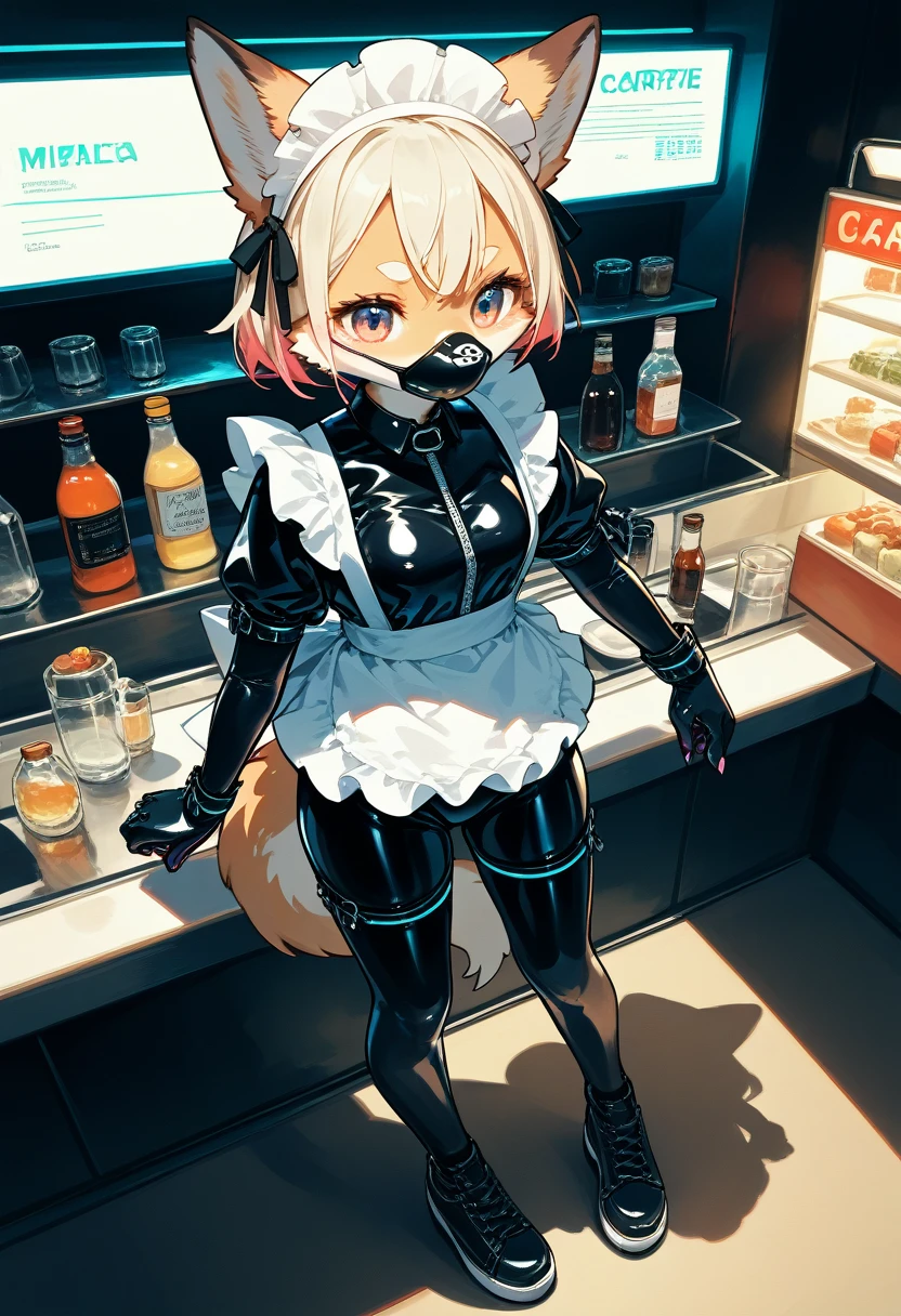 Highest quality, Highest quality, High quality illustrations, masterpiece, Ultra-high resolution, Detailed Background, maid Cafe, Absurd, Perfect Anatomy, performance, Good lighting, Shadows in the movies(kemono, Furry Personifi猫ion), Rubber suit, Rubber suit, latex, neon, neonライト, neonカラー, Purple Rubber Maid Outfit, ribbon, Rubber mask