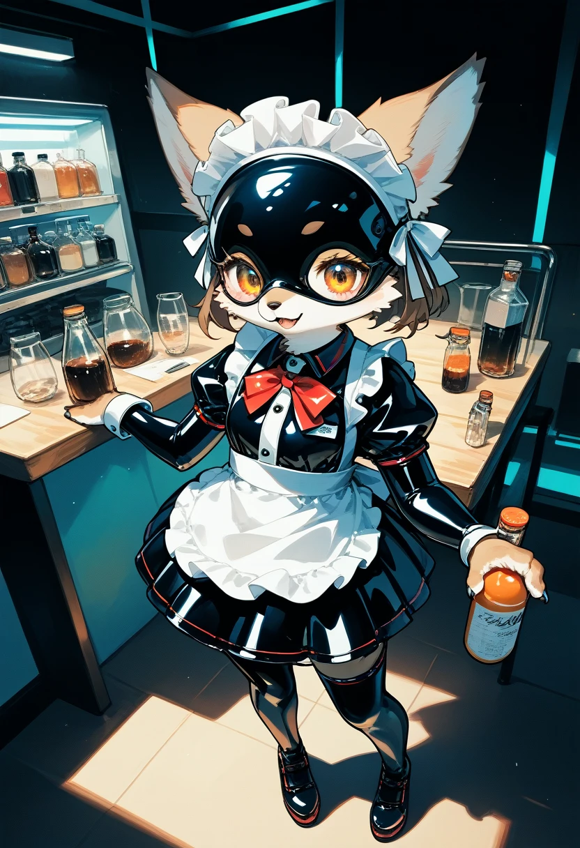 Highest quality, Highest quality, High quality illustrations, masterpiece, Ultra-high resolution, Detailed Background, cyber cafe, Bottle, Absurd, Perfect ???????, performance, Good lighting, Shadows in the movies(kemono, Furry Personifi猫ion), Rubber suit, Rubber suit, latex, neon, neonライト, neonカラー, Maid clothes, ribbon, Rubber mask, From above