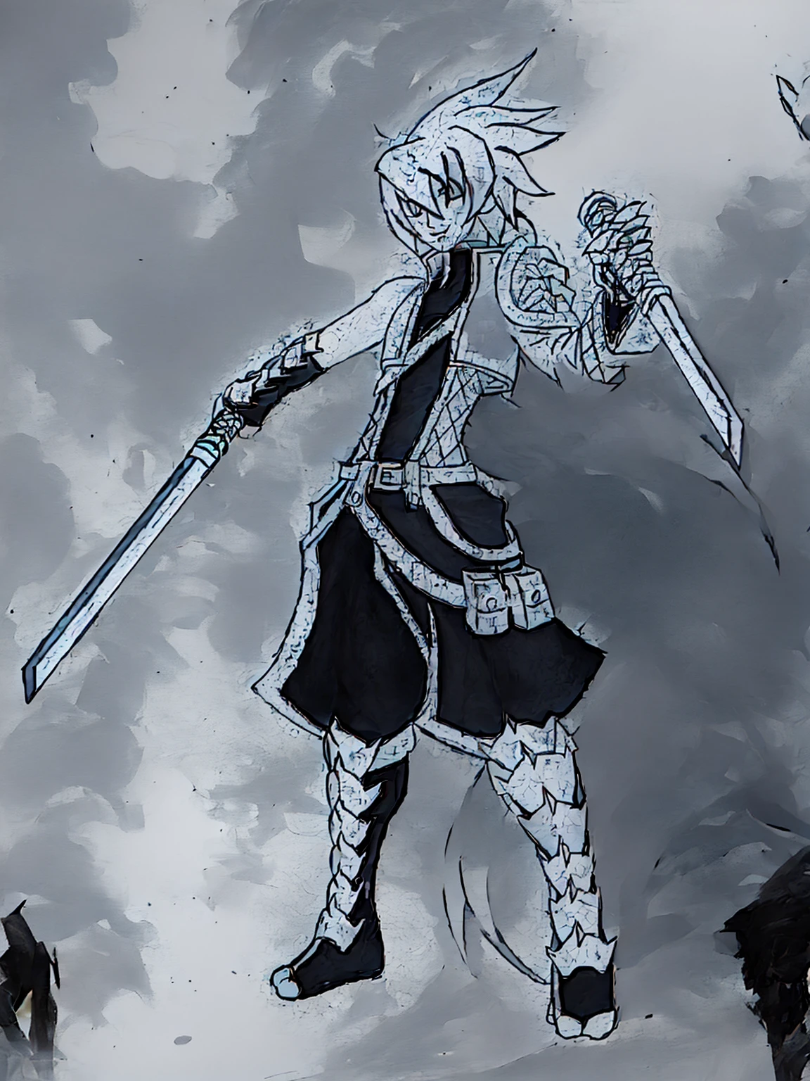 sketches of a drawing of a androgynous young boy with 2 swords, Kilua from hunter x hunter, an anime drawing, detailed fanart, hero 2d fanart artsation, ( ( character concept art ) ), anime drawing, game art!!, with out shading, anime shading), dramatic wielding sword pose, anime shading, white hair, glowing blue eyes, pale skin, black ninja trousers, black vest, short blue jacket, blue belts, metallic accents, full body, long ponytail, long hair