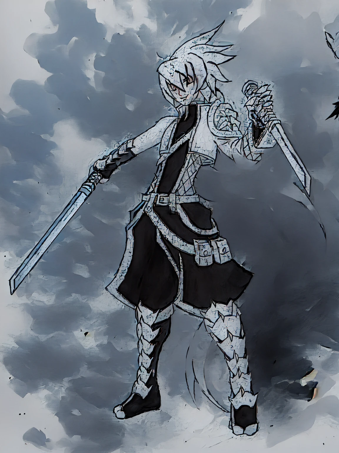 sketches of a drawing of a androgynous young boy with 2 swords, Kilua from hunter x hunter, an anime drawing, detailed fanart, hero 2d fanart artsation, ( ( character concept art ) ), anime drawing, game art!!, with out shading, anime shading), dramatic wielding sword pose, anime shading, white hair, glowing blue eyes, pale skin, black ninja trousers, black vest, short blue jacket, blue belts, metallic accents, full body, long ponytail, long hair
