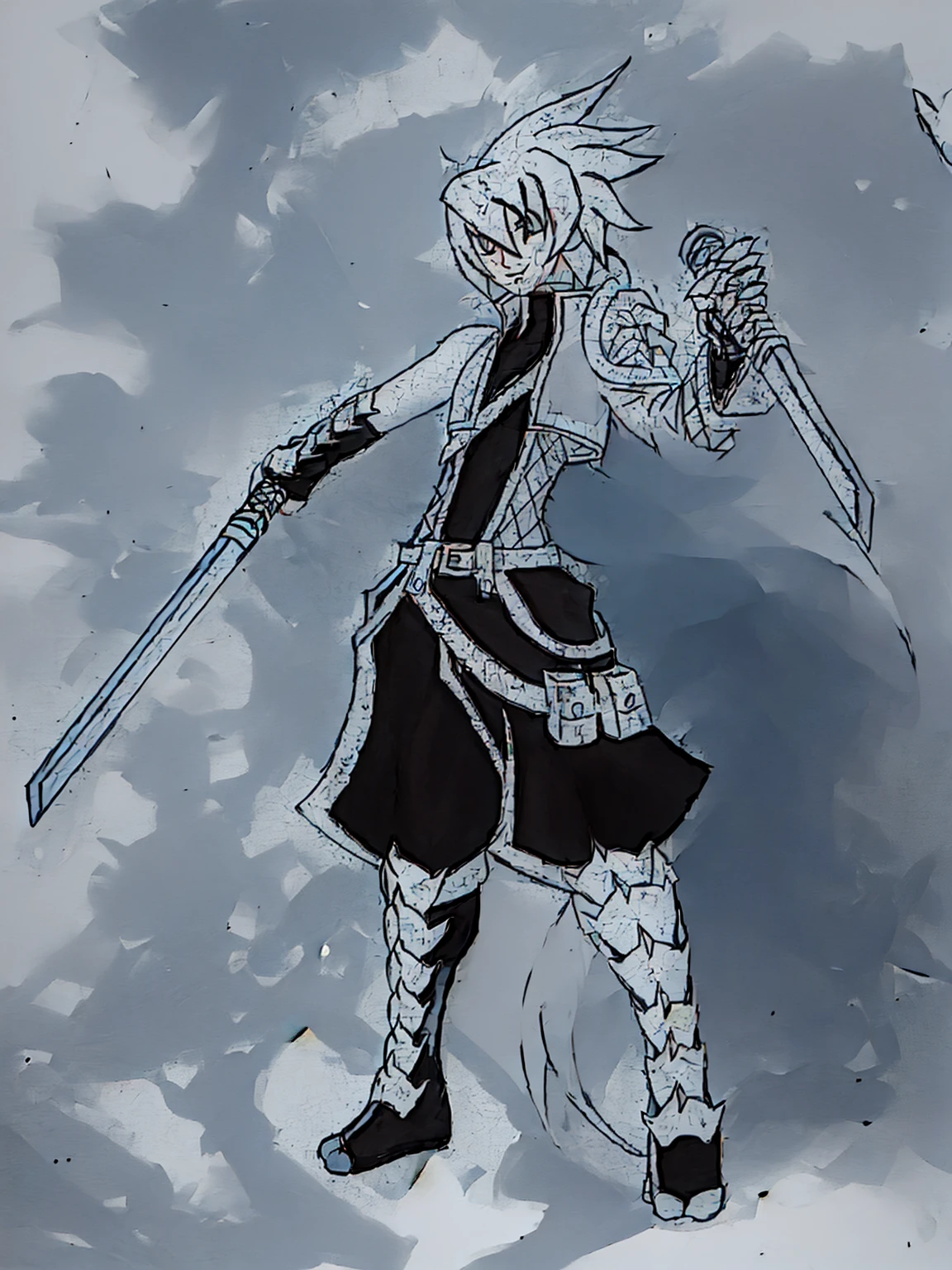 sketches of a drawing of a androgynous young boy with 2 swords, Kilua from hunter x hunter, an anime drawing, detailed fanart, hero 2d fanart artsation, ( ( character concept art ) ), anime drawing, game art!!, with out shading, anime shading), dramatic wielding sword pose, anime shading, white hair, glowing blue eyes, pale skin, black ninja trousers, black vest, short blue jacket, blue belts, metallic accents, full body, long ponytail, long hair
