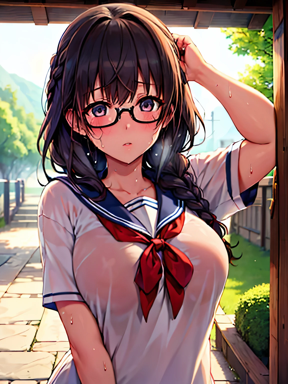 (8k、Best image quality、highest quality、masterpiece)、Detailed face,Masterpiece, hd, realistic, asian girl, 1girl wearing see through camisole (camisole) plaid skirt, smile, (largest breast),(huge breast), outdoor, squatting,spread legs, outdoor, wearing randoseru backpack, (red backpack:1.1),(((see through Nipples))),(nipples),masturbation, ((cum,sperm,semen)),(((cum on breast))),((ejaculation semen)),((ejaculation cum)),(((bukkake))),arms up,armpit,purple hair,from below,braid hair,Glasses,