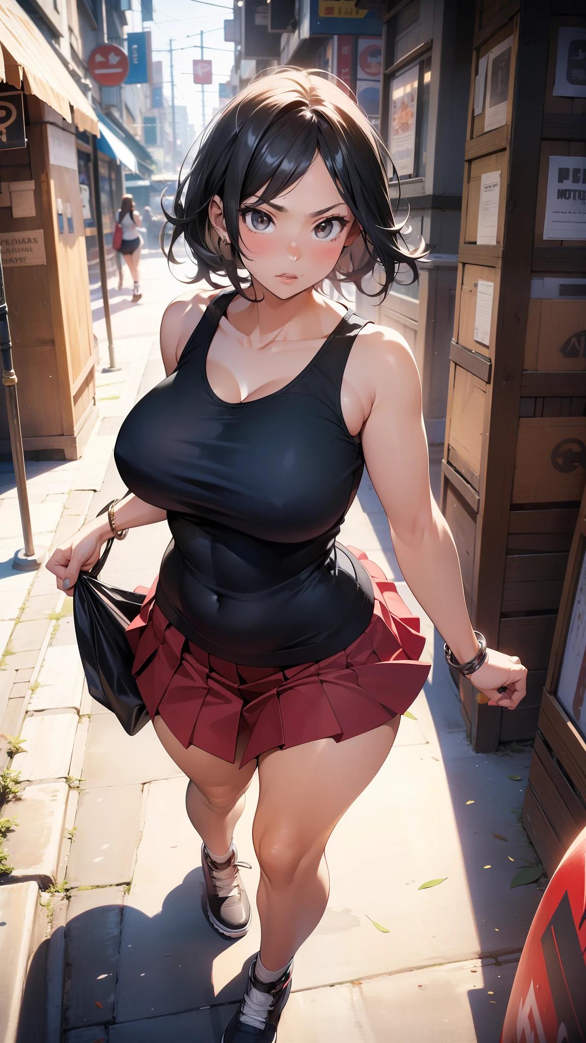 A fierce woman strutting down the bustling city street, her black tank top hugging her curves and her red skirt swishing with each confident step