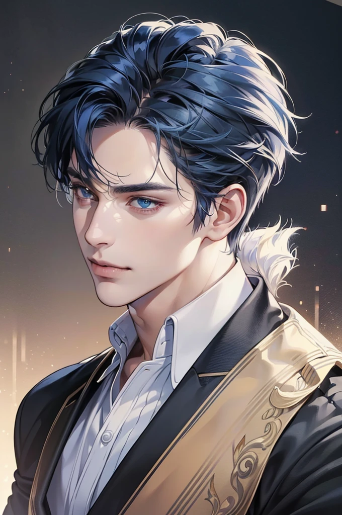 (best quality,4k,8k,highres,masterpiece:1.2),ultra-detailed,(realistic,photorealistic,photo-realistic:1.37),30 year old man,handsome anime,portraits,strong,masculine,dark blue hair,sharp jawline,mesmerizing eyes,perfectly styled hair,short hair, cool anime outfit,confident expression,vibrant colors,dynamic lighting,smile lips
