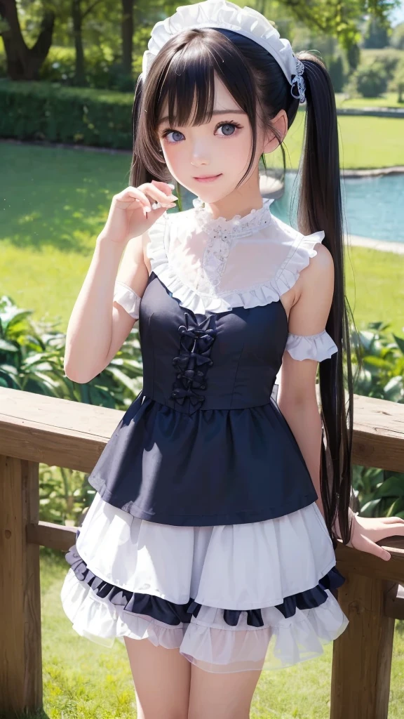 ((masterpiece)), ((highest quality、Ultra high definition)), (Very detailed),8K、Photo quality、((Amazingly cute girl)),(((-yeld gi)), Two people, , (Beautiful emerald blue eyes), ((smile)),In the open-air bath overlooking the sea, Beautifully arranged black hair in twin tails、whole body、Cute lolita maid style swimsuit))、Professional Lighting、(White lace knee-highore detailed and beautiful)、(More details and cutenesore realistic)、(((Just wear light clothing)))、プールではしゃぐ、