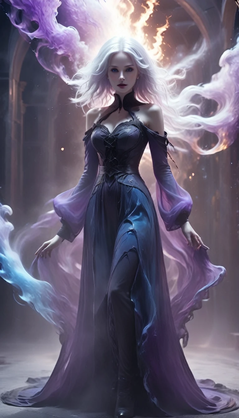 raw,8k uhd,A portrait of beautifully stunning woman, fair skin, surrounded by a swirling nanodusty plasma in glowing blue, vibrant colors, dynamic composition,A portrait of beautifully stunning lady witch, darkness fantasy,girl made of purple smoke,medium Breast, 1 witch  Girl,Black dress,hat hood,fair skin, white hair, cinematic lighting,perfect composition