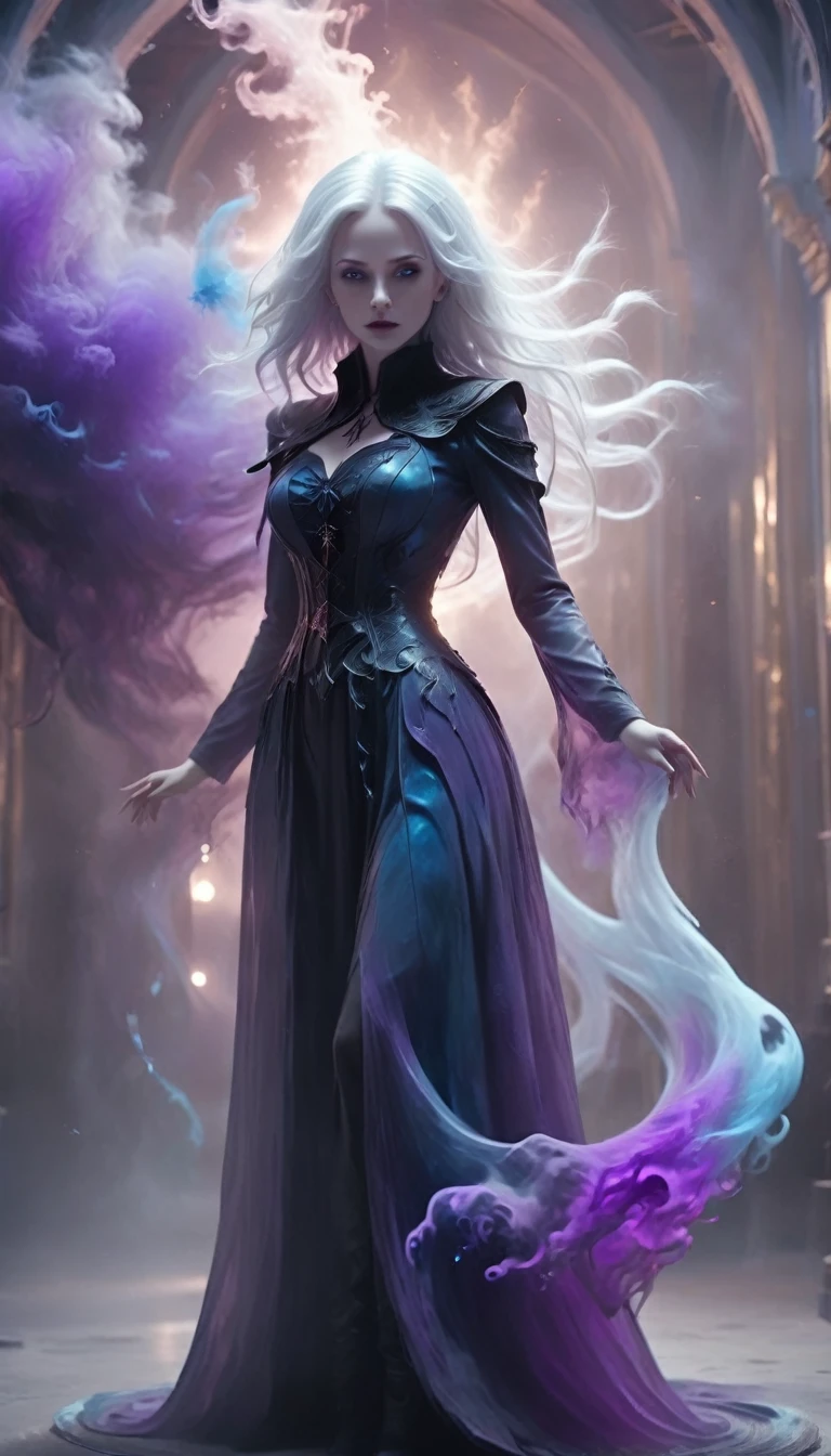 raw,8k uhd,A portrait of beautifully stunning woman, fair skin, surrounded by a swirling nanodusty plasma in glowing blue, vibrant colors, dynamic composition,A portrait of beautifully stunning lady witch, darkness fantasy,girl made of purple smoke,medium Breast, 1 witch  Girl,Black dress,hat hood,fair skin, white hair, cinematic lighting,perfect composition