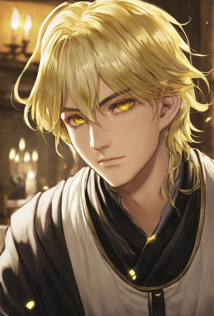 19 years old, male, human, tavern keeper, commoner, light yellow hair, shining gold eyes, inside the room, short hair