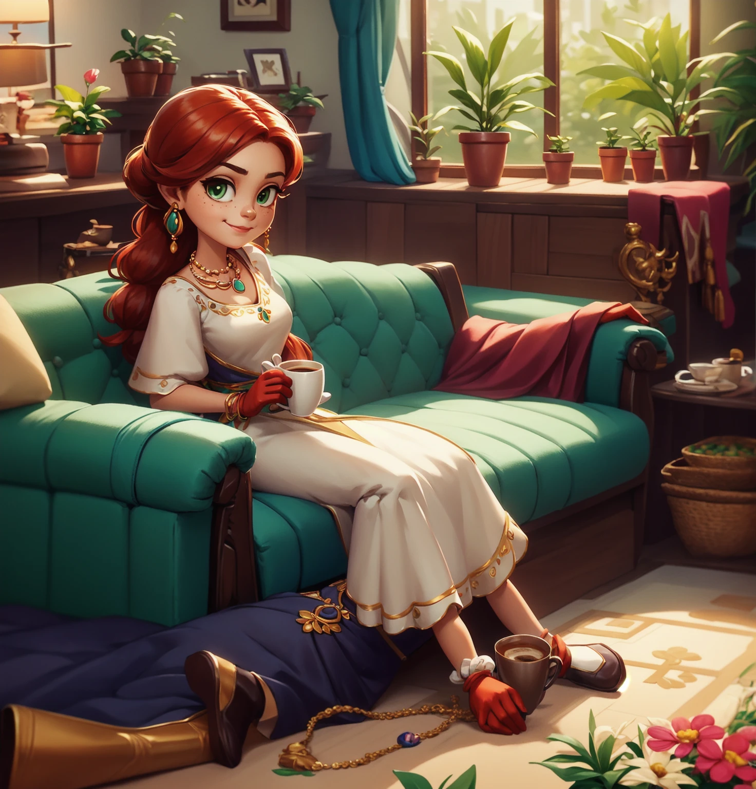 Concept Art,character illustration of a,European and American cartoons,（whole body：1.5），Mid-Long View，carpet，（Puppy lying on the floor），（Looking at the camera：1.5），shoe，一个20岁的金发女生悠闲的sit在living room，Holding a cup of coffee，A laid-back expression，Relax，Leisure，European and American cartoons，1 Girl,freckle,Solitary,Jewelry,Green Eyes,Weaving,earrings,twin Weavings,necklace,Looking at the audience,Red hair,plant,Puff sleeves,bracelet,Smile,Long hair,puffy short sleeve,Necklace,dress，flower，Coffee cup，Gloves，earrings，Jewelry，肘部Gloves，cup，，sit，sofa，window，sofa，living room，solo