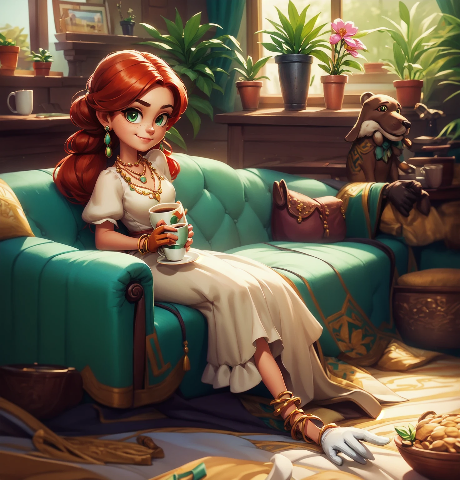 Concept Art,character illustration of a,European and American cartoons,(whole body:1.5),Mid-Long View,carpet,(Puppy lying on the floor),(Looking at the camera:1.5),shoe,一个20岁的金发女生悠闲的sit在living room,Holding a cup of coffee,A laid-back expression,Relax,Leisure,European and American cartoons,1 Girl,freckle,Solitary,Jewelry,Green Eyes,Weaving,earrings,twin Weavings,necklace,Looking at the audience,Red hair,plant,Puff sleeves,bracelet,Smile,Long hair,puffy short sleeve,Necklace,dress,flower,Coffee cup,Gloves,earrings,Jewelry,肘部Gloves,cup,,sit,sofa,window,sofa,living room,solo