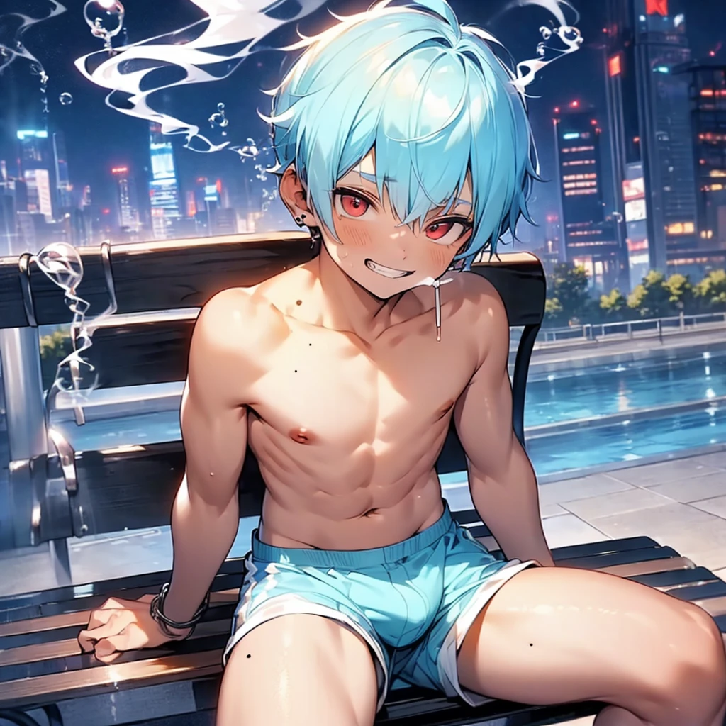 (solo:2), (boldline:-1.8), (smoking:1.6), (((bubble))), (sitting on bench:1.5), (spread legs:1.5), (((fang))), (((best finger))), BREAK (best quality:1.5), (absolutely resolution:1.5), (ultra detailed:1.5), (masterpiece:1.5), (perfect face), (detailed face), (detailed eyes), (best eyes), (cute face), (shota:2), BREAK (topless:1.5), BREAK (red short pants:1.5), (bulge:1.6), (skinny:1.3), (spiked hair), BREAK (light blue hair:1.5), (wine red eyes:1.4), (eyes with highlight:1.6), ((mole under eye)), (sweaty skin), (light skin), (grin:1.5), ((earrings)), (shiny skin:1.3), BREAK (garden), (building:1.5), (at twilight:1.5), ((wind blowing)), ((nipple)), (abs), (groin),