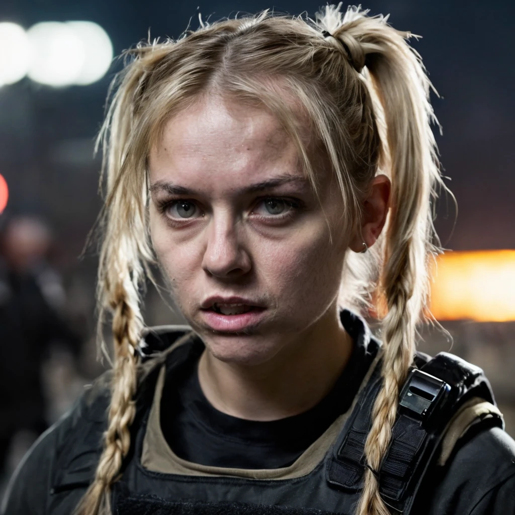 (masterpiece)+, (extremely (realistic)+,a portrait of an extremely ugly young age white girl. blond hair in ponytails, bad skin. white trash looks, Crooked Teeth, Redneck. Dressed in tactical gear. Naive agitated stare. Front photo. Looking in camera. volumetrics dtx, Photorealistic, ultra detailed, Artstation trending, very very detailed, realistic shaded lighting, dynamic shadows, detailed Night City Riot background, upper body, professional photograph of a detailed skin, sharp focus, dramatic, award winning, cinematic lighting, octane render, unreal engine, volumetrics dtx, Photorealistic, ultra detailed, Artstation trending, very very detailed, hyperrealistic, fine details, realistic shaded lighting, dynamic shadows, Night City Riot background, add_detail:1, skin pores and wrinkles, details.,More Reasonable Details