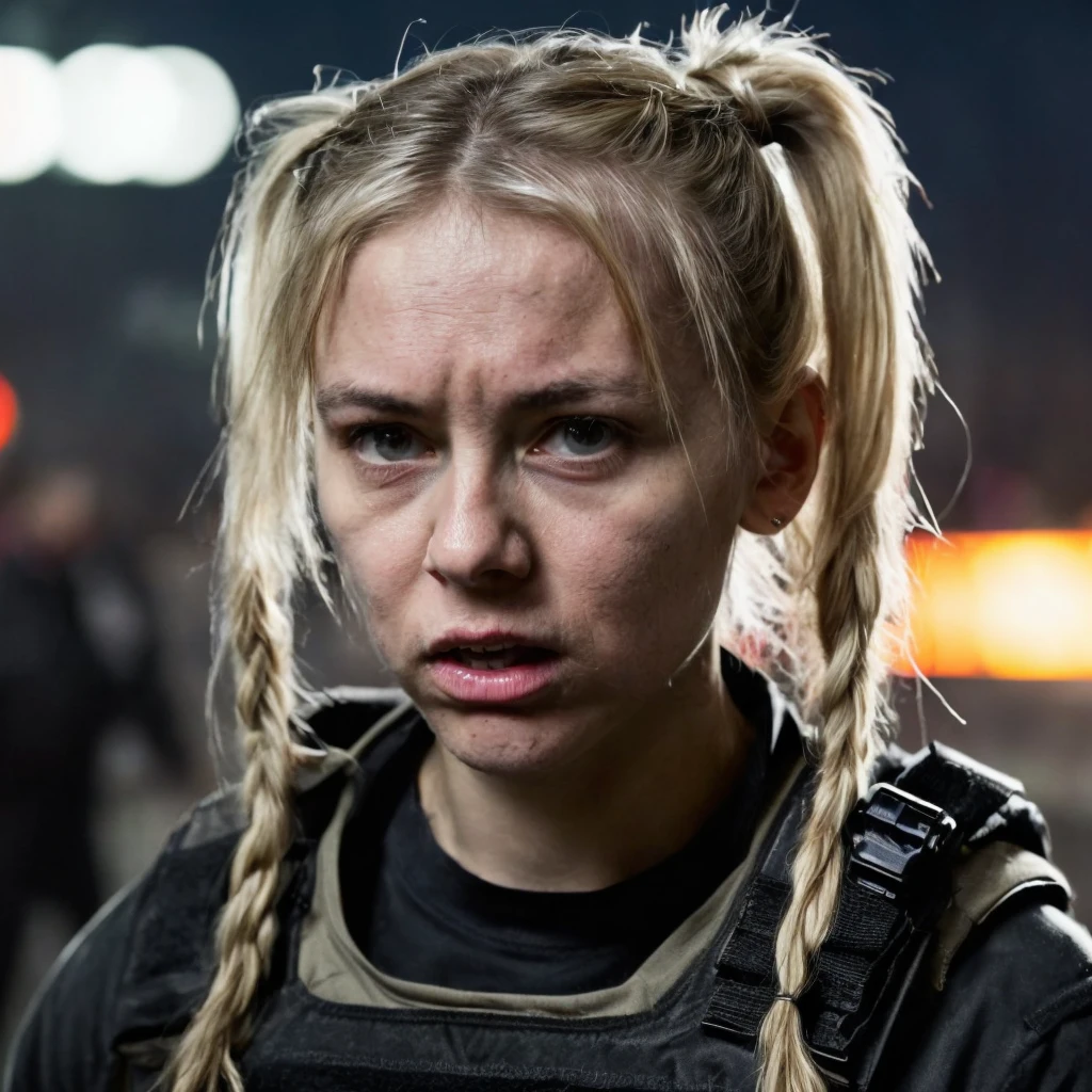 (masterpiece)+, (extremely (realistic)+,a portrait of an extremely ugly young teenage white girl. blond hair in ponytails, bad skin. white trash looks, Crooked Teeth, Redneck. Dressed in tactical gear. Naive agitated stare. Front photo. Looking in camera. volumetrics dtx, Photorealistic, ultra detailed, Artstation trending, very very detailed, realistic shaded lighting, dynamic shadows, detailed Night City Riot background, upper body, professional photograph of a detailed skin, sharp focus, dramatic, award winning, cinematic lighting, octane render, unreal engine, volumetrics dtx, Photorealistic, ultra detailed, Artstation trending, very very detailed, hyperrealistic, fine details, realistic shaded lighting, dynamic shadows, Night City Riot background, add_detail:1, skin pores and wrinkles, details.,More Reasonable Details