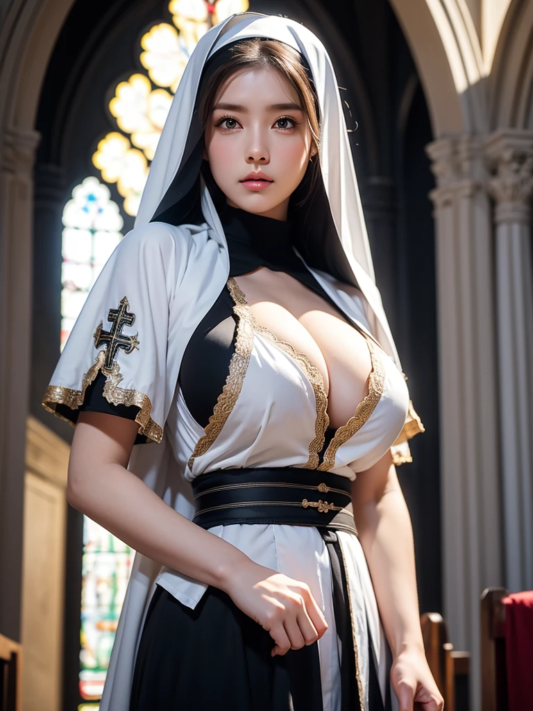 (8K, Highest quality:1.2)、masterpiece, Beautiful female monk, (Attractive American Model),(( Black and white clothes))、、(( Mature Female Warrior Nun)), ((Plate armor with attention to detail)), (Strong muscular body),(Powerful arms)、Mature Female Warrior Nun、 (Light blonde hair), Braid、Disheveled Hair、 (High fantasy battlefield environment), ((Holding a cross))、 High resolution, (Skin Texture:1.1), Highest quality, 超High resolution, (Realistic: 1.4), RAW Photos, By Ellen von Unwerth, Nikon D850 film stock photos, F1.6 Lenses, Rich colors, Bokeh, Sharp focus, Realistic, Cinestill 800, Backlight, Rim Light, Strong sunlight, Realistic, Realistic Shadow, 3d, (Church Background:1.2),Hair blowing in the wind、whole body、(((Ancient fantasy female priest))),Combat Accessories,breastplate、((Long skirt))、Voluminous lips、(((Big Breasts)))、((Large Breasts))、Cleavage、((Perfect Face))、Big eyes、Delicate eyes、Body-fitting armor、looking at the camera、belt、Intricately patterned armor、Upper Body、up、Monk Armor、Delicate hands、Knee-high boots、Robe(masterpiece:1.2), (Highest quality:1.2), Perfect Eyes, Perfect Face, Volumetric lighting, One Mature Woman,(( Mature Female Warrior Nun)),