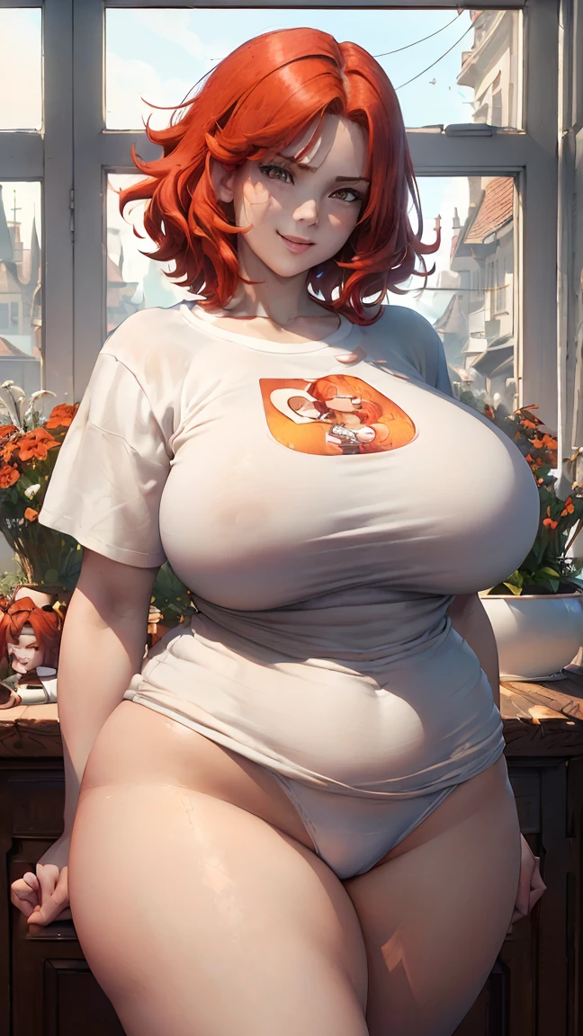 (masterpiece), best quality, 1female, 23 years old, she has short flowing light RED hair, hair straight, (short hair: 1.5), (red hair: 1.35), (messy hair), red eyebrows, (brown eyes: 1.50), (large breasts: 1.50), (huge breasts: 1.50), (thick thighs: 1.50), (wide hips: 1.50), big chest, curvy girl, (slim waist: 1.50) well shaped body, (white skin: 1.35), (((wearing sport clothing, black shorts and white baggy t-shirt))), (((plain t-shirt))), (loose t-shirt: 1.50), (oversize t-shirt: 1.50), high quality clothes, well marked folds, (living room, home, warm light background), (detailed background), 8k quality, wallpaper, high quality, Cinmatic lightning, happy, gentle face, expressive face, (detailed face), the face is well lit, (detailed eyes), beautiful eyes, (half-closed eyes), (grinning), big smile, (centered,scale to fit dimensions,Rule of thirds), highres,sharp focus,(ultra detailed,extremely detailed),(photorealistic artwork:1.37),(extremely detailed CG unity 8k wallpaper),(((vibrant colors,vibrant theme))), Cinmatic lightning, (white t-shirt: 1.50), lovely girl