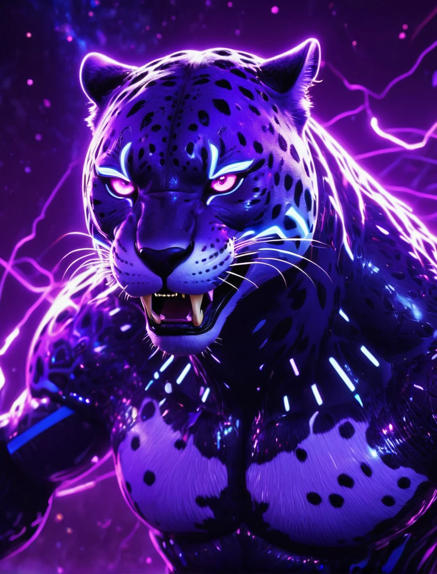 A ferocious, futuristic lightning jaguar character with sharp, glowing purple eyes and sleek, neon purple fur, set against a cosmic backdrop with twinkling stars. The jaguar is surrounded by a high-tech, neon purple frame, emphasizing its intense and menacing expression. The character's mouth is open, showing sharp, glowing teeth, and its muscular build is highlighted by the neon accents on its body. The image exudes energy and power, capturing the essence of a high-tech, intergalactic predator. At the bottom, the text reads 'ALLO' in bold white letters with a tagline promoting instant global settlement for investing and trading assets.