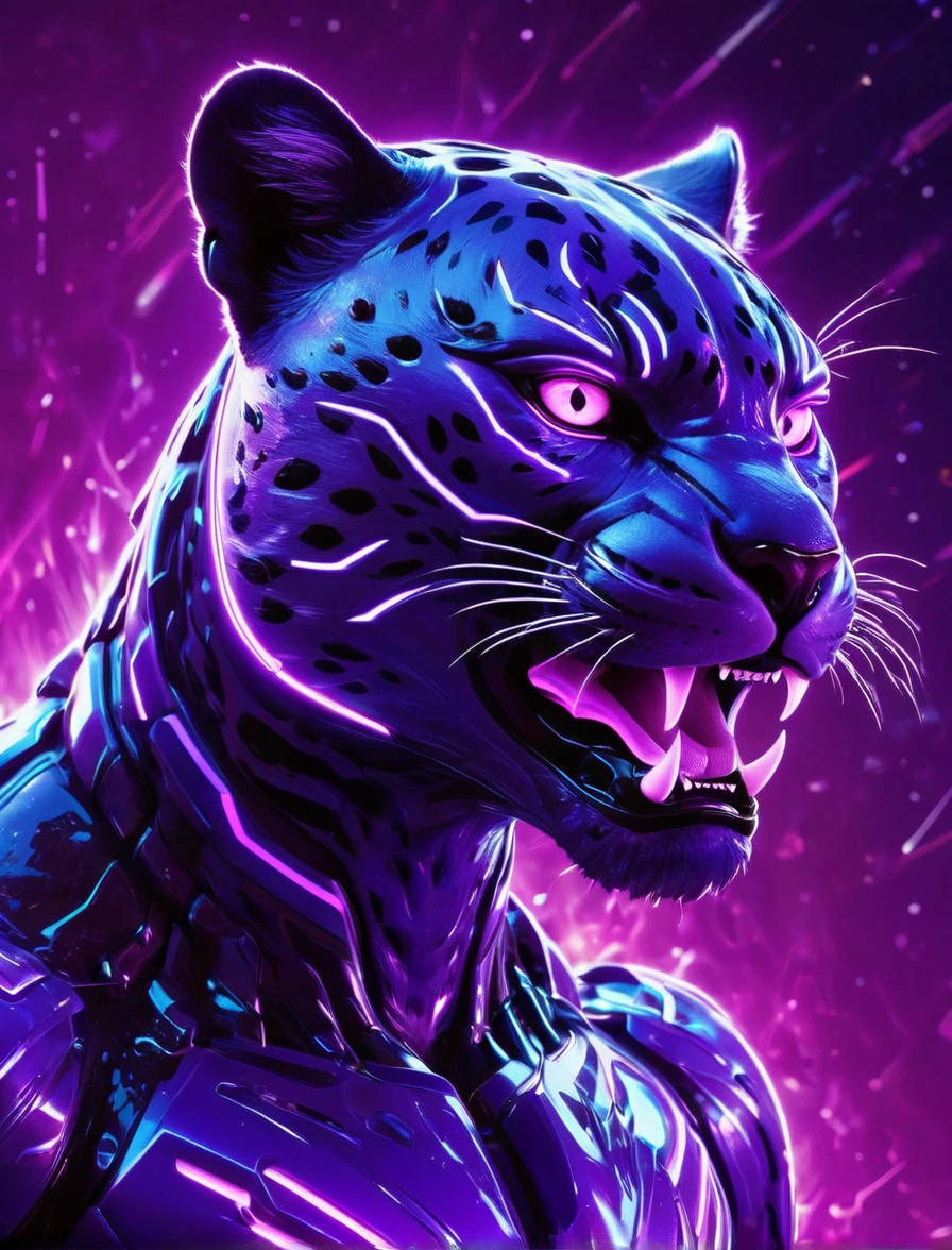 A ferocious, futuristic lightning jaguar character with sharp, glowing purple eyes and sleek, neon purple fur, set against a cosmic backdrop with twinkling stars. The jaguar is surrounded by a high-tech, neon purple frame, emphasizing its intense and menacing expression. The character's mouth is open, showing sharp, glowing teeth, and its muscular build is highlighted by the neon accents on its body. The image exudes energy and power, capturing the essence of a high-tech, intergalactic predator. At the bottom, the text reads 'ALLO' in bold white letters with a tagline promoting instant global settlement for investing and trading assets.