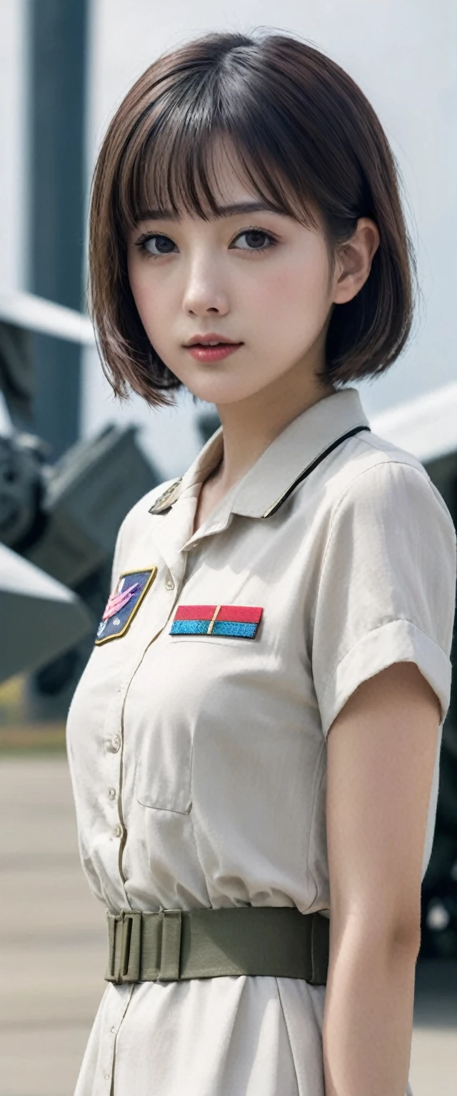 ((A girl wearing a camouflage Army military uniform)),(full body),((the girl has very very short hair style:1.68)),((bangs)),((the girl )),(the girl has abnormal ultra extra gigantic huge breasts:1.98),(the girl's each breast is more than the nineth times size of the girl's head:1.98),feminine,((baby face:1.37)cute face:1.37)),((small nose,slim waist,small hip)),brown hair, smooth hair, smooth skin, ((big double eyelid eyes)), ((brown eyes)),((At the Air Force Base)),((Cutting-edge Giant Combat Robots are lined up behind the girl:1.37)),