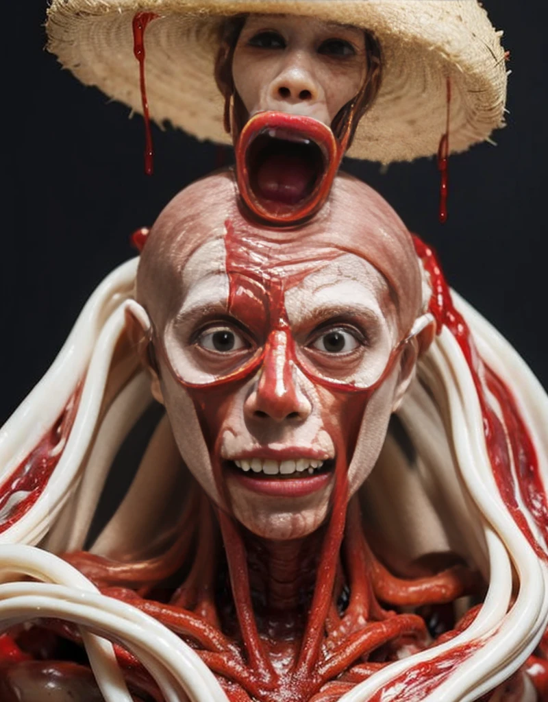 A bizarre, unsettling scene of a reality constructed entirely from meat, flesh, organs, and blood. The landscape is a grotesque mix of limbs, entrails, and veins that form a twisted, nightmare-like environment. Distorted humanoid figures made of flesh and blood are seen wandering through this macabre world, their expressions a mix of horror and confusion.