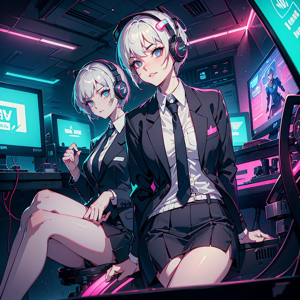 A Full body Portrait of a girl with short grey pixie cut hair, both in school uniforms with blazers and ties, girl is smirking, sitting on inside of a neon-lit computer gaming cafe, wearing gaming headphone, neon game controllers highlighted. Intricate, dynamic, wide-angle, HDR, Artstation.
