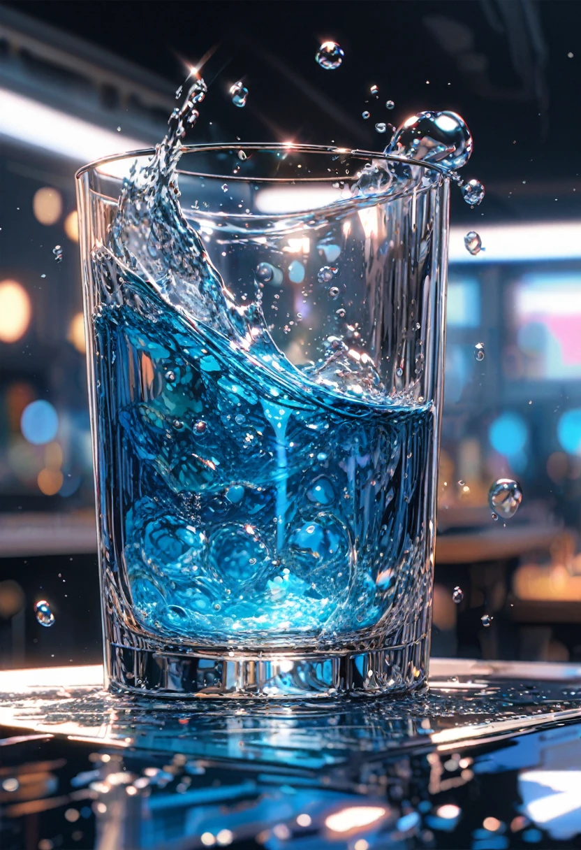 Super detailed, 8K, glass, Water in a glass, bubble, Right blue water, nice, bright