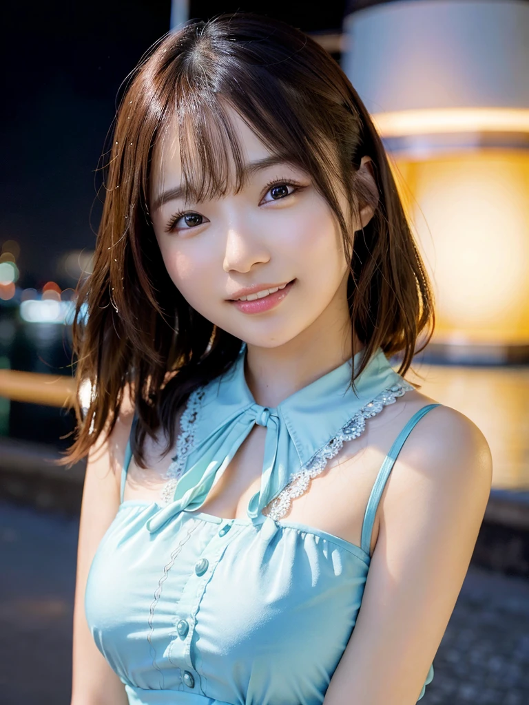 (skin blemish:1.2), (skindentation), black eye, 1woman, 25yo, (((woman))), solo, realistic, best quality, photorealistic, masterpiece, 8k, high res, solo, extremely detailed face, (professional lighting, bokeh), (light particles, lens flare, glowing particles:0.6), (dynamic pose:1.2), soft lighting, top angle view, fashionable and trendy atmosphere, japan, street, tokyo, harbour, skytree, tokyo tower,  ((daytime)), sky, ((looking at the viewer:1)), (looking at the camera),(portrait:0.6), cowboy shot, gorgeous, standing, keep original facial proportion, wide shoulder, full body, (medium breast), (medium hair), brown hair, floating hair, lips, lipstick, seductive smile, floating hair, smile, open_mouth, teeth, blouse, (flowery pattern summer dress:1), eyelashes, mole, (mole under eye:1),