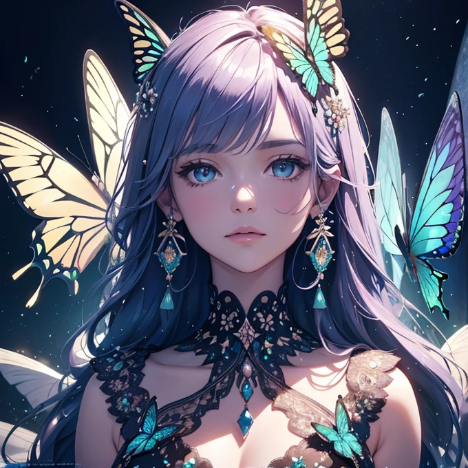 The background is greenblue,moon light,All expressed with jewels, the arrival of spring, various beautiful cherryblossoms
, Beautiful lapis lazuli swallowtail butterfly,angles looking up from below, various jewels falling from the sky, wonderful and beautiful superb view, slightly hazy, fantastic, high resolution, 8K, (best quality, highres, realistic:1.37), shiny metallic flowers, intricate and delicate petals, reflective surfaces, vibrant colors, intricate details, close-up view, surreal garden, surreal beauty, dreamy atmosphere, fine art, abstract botanicals, metallic sculpture, contrasting textures, ethereal glow