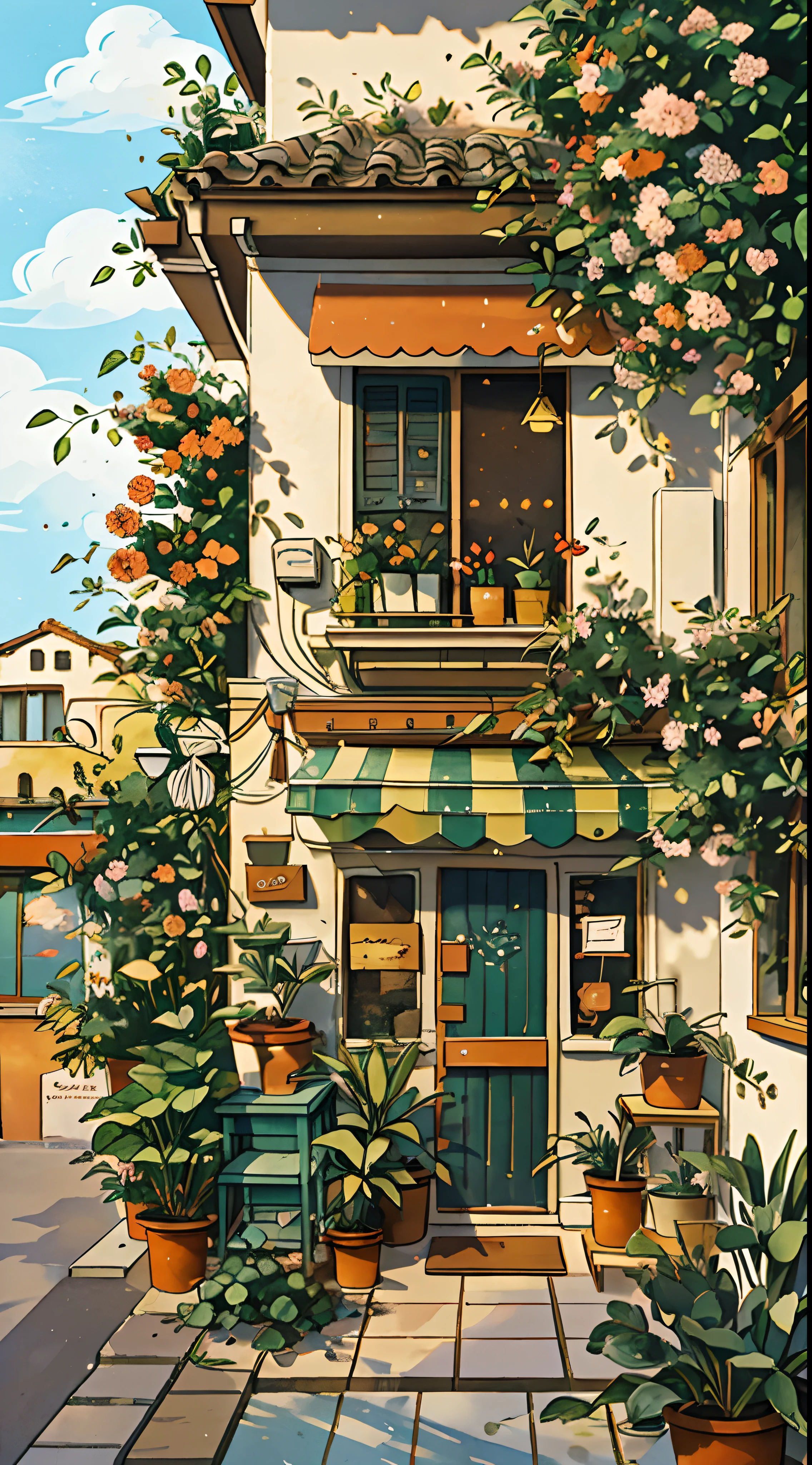 JZCG021,Flower shop,Coffee spots,gauges,a chair,No one,janelas,Flowers,a plant,Plants in pots,aquarelle (mediating),Landscapes,doors,air conditioner,picure (mediating),Traditional media,casa,Outdoors,terrazzo,architecture,Masterpiece,Best quality,High quality,a plant,, Masterpiece,Best quality,High quality,