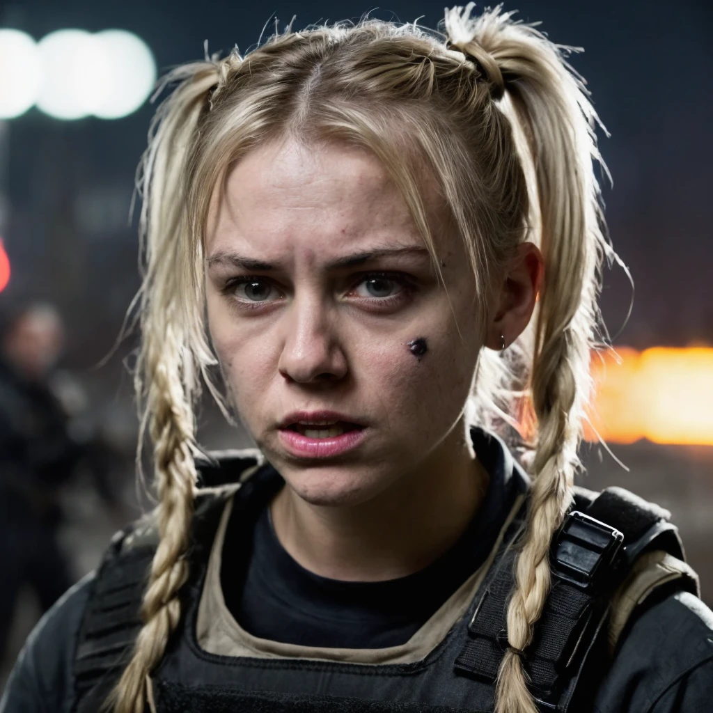 (masterpiece)+, (extremely (realistic)+,a portrait of an extremely ugly young teenage white girl. blond hair in ponytails, bad skin. white trash looks, Crooked Teeth, Redneck. Dressed in tactical gear. Naive agitated stare. Front photo. Looking in camera. volumetrics dtx, Photorealistic, ultra detailed, Artstation trending, very very detailed, realistic shaded lighting, dynamic shadows, detailed Night City Riot background, upper body, professional photograph of a detailed skin, sharp focus, dramatic, award winning, cinematic lighting, octane render, unreal engine, volumetrics dtx, Photorealistic, ultra detailed, Artstation trending, very very detailed, hyperrealistic, fine details, realistic shaded lighting, dynamic shadows, Night City Riot background, add_detail:1, skin pores and wrinkles, details.,More Reasonable Details