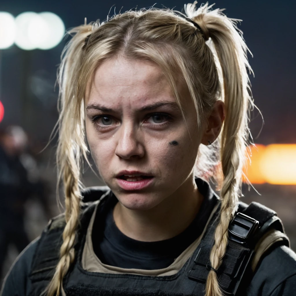 (masterpiece)+, (extremely (realistic)+,a portrait of an extremely ugly young age white girl. blond hair in ponytails, bad skin. white trash looks, Crooked Teeth, Redneck. Dressed in tactical gear. Naive agitated stare. Front photo. Looking in camera. volumetrics dtx, Photorealistic, ultra detailed, Artstation trending, very very detailed, realistic shaded lighting, dynamic shadows, detailed Night City Riot background, upper body, professional photograph of a detailed skin, sharp focus, dramatic, award winning, cinematic lighting, octane render, unreal engine, volumetrics dtx, Photorealistic, ultra detailed, Artstation trending, very very detailed, hyperrealistic, fine details, realistic shaded lighting, dynamic shadows, Night City Riot background, add_detail:1, skin pores and wrinkles, details.,More Reasonable Details