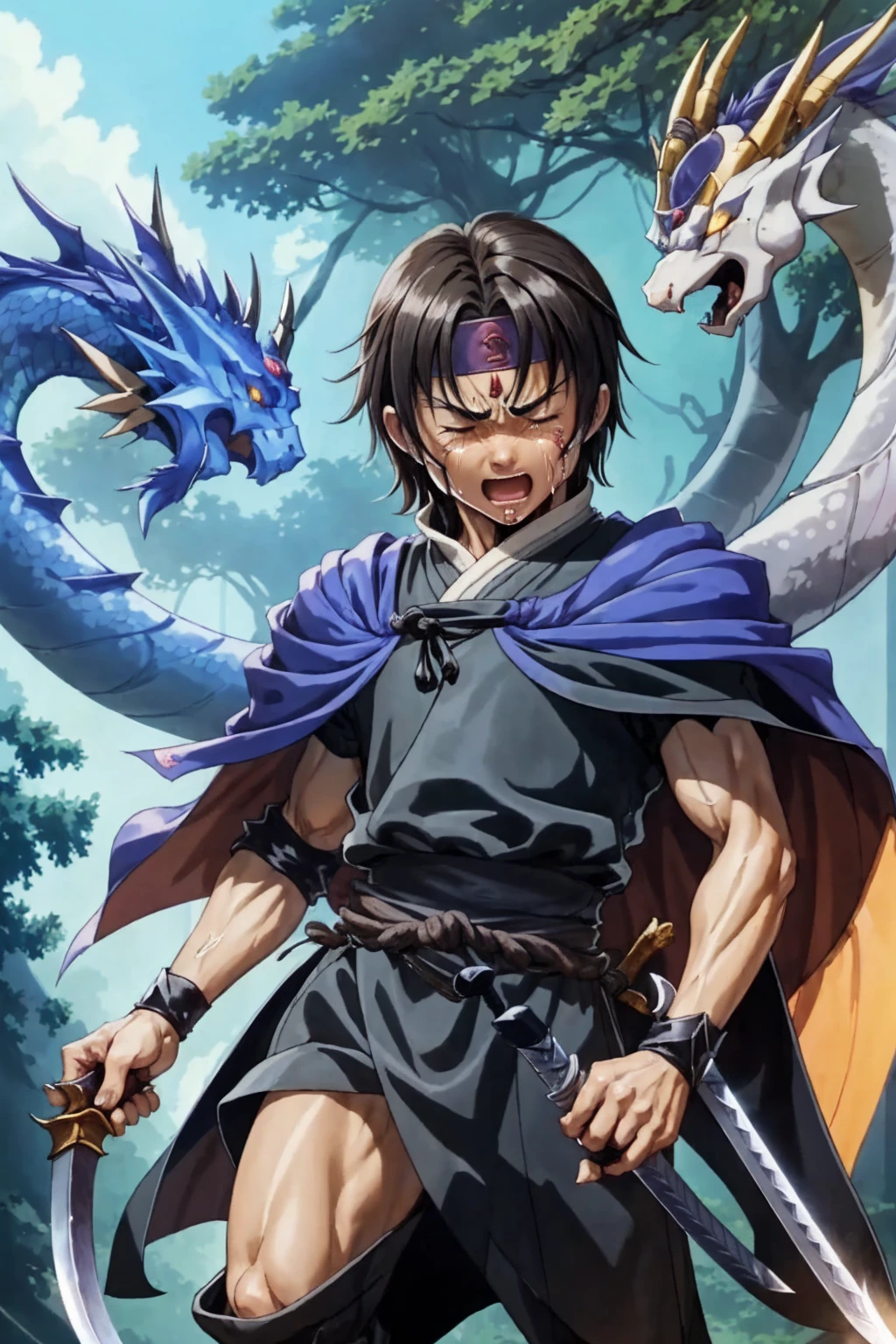 Male swordsman,cape, black robe, headband, 2 dragons,Huge erect penis､Well-trained muscles,Young boy,Face in pain,Crying face,Drooling,Protruding veins in the body,