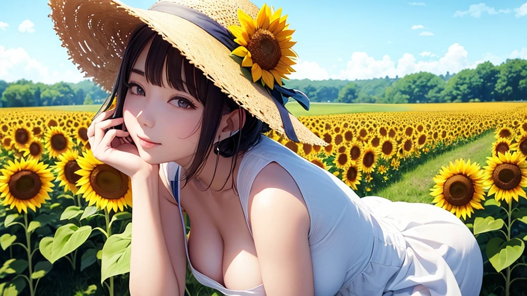 Sunflower field。Wearing a straw hat、earphone。Wearing a white dress、Big Tits Girls。Clear blue sky。Low Poly。Anime Style。Watercolor。